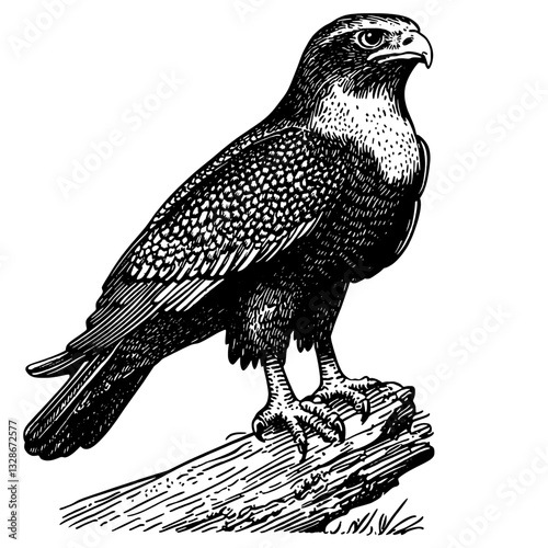 A powerful hawk stands proudly on a rustic log, capturing attention with its sharp gaze and detailed plumage
