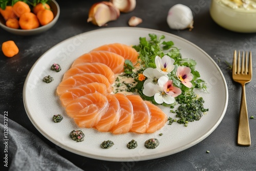 Seared salmon slices arranged artfully on a plate with herbs and flowers