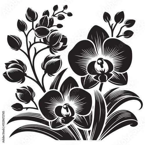 Vector Black Silhouette Orchid Flowers illustration,orchid pattern,simple modern botanical design in white background 24
