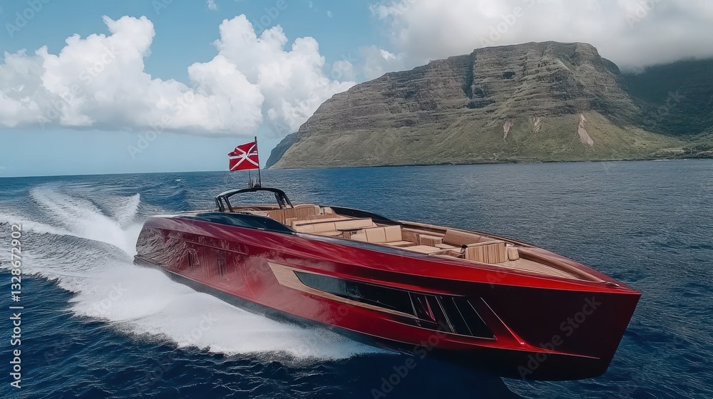 Fototapeta premium Luxury Red Yacht Speeding Across Tropical Ocean
