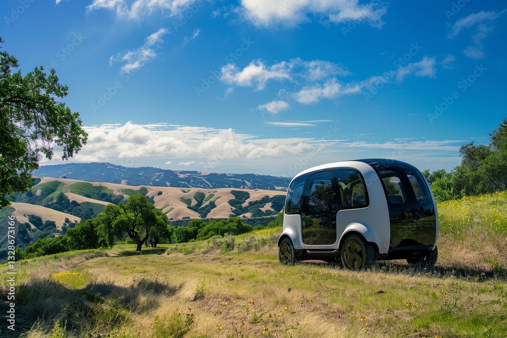 Fototapeta premium Futuristic Autonomous Vehicle on Scenic Hillside Landscape