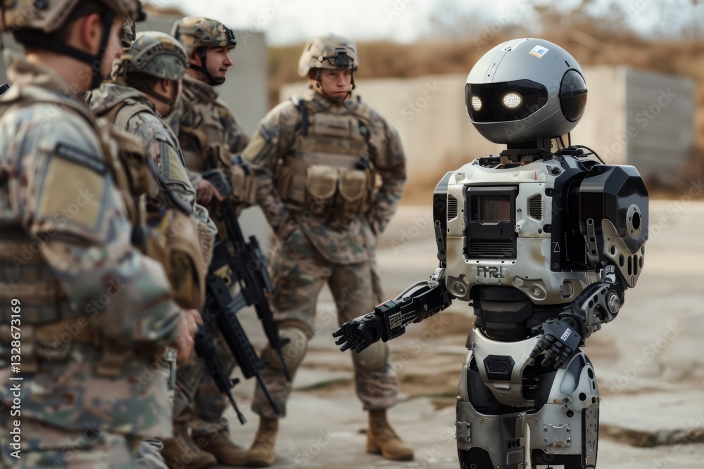 Military Robots Meet Soldiers in Evening Training Scenario Outdoors Military Robots Meet Soldiers in Evening Training Scenario Outdoors