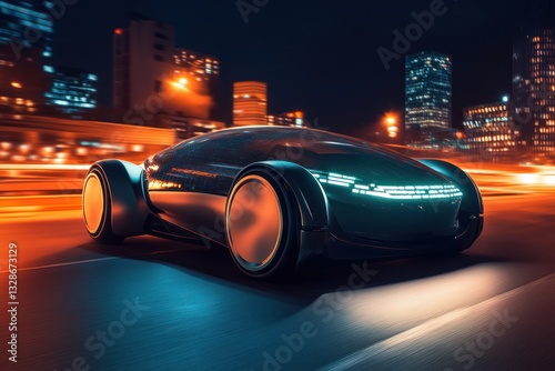 Futuristic electric vehicle on a city street at night