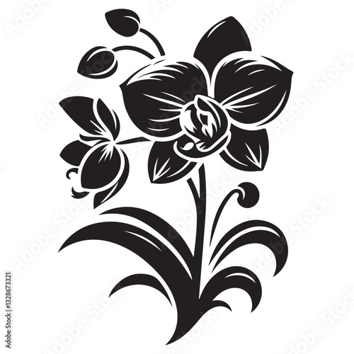 Vector Black Silhouette Orchid Flowers illustration,orchid pattern,simple modern botanical design in white background 28