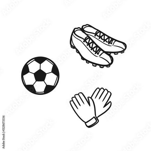 サッカーボール・スパイク・グローブのイラスト（線画）