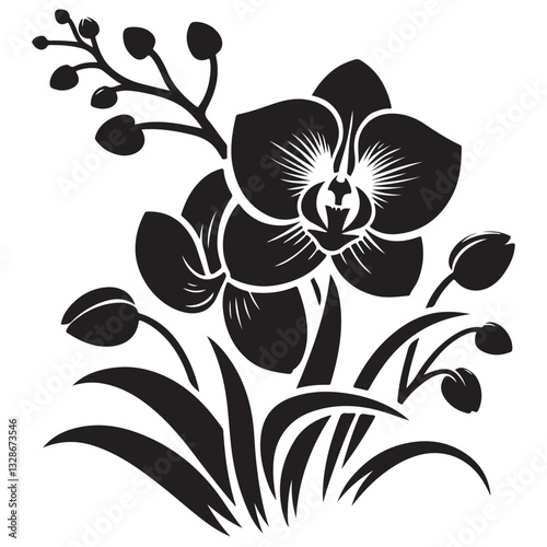 Vector Black Silhouette Orchid Flowers illustration,orchid pattern,simple modern botanical design in white background 29