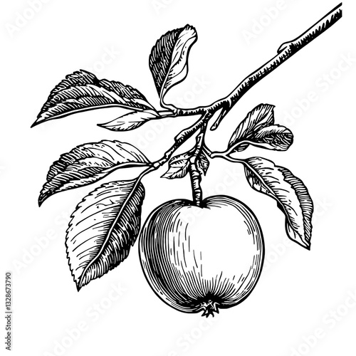 Elegant engraved apple illustration with detailed leaves perfect for tattoo design and packaging use