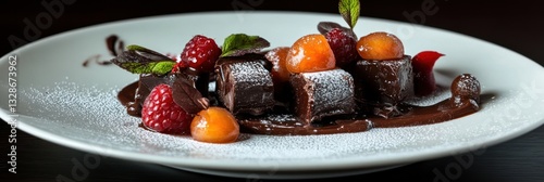 Exquisite Chocolate Dessert with Berries and Candied Fruit