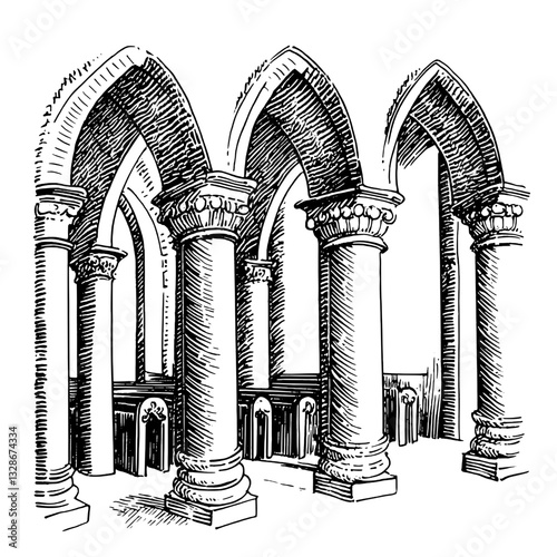Intricate engraved illustration of majestic arches and columns in a historical architectural setting