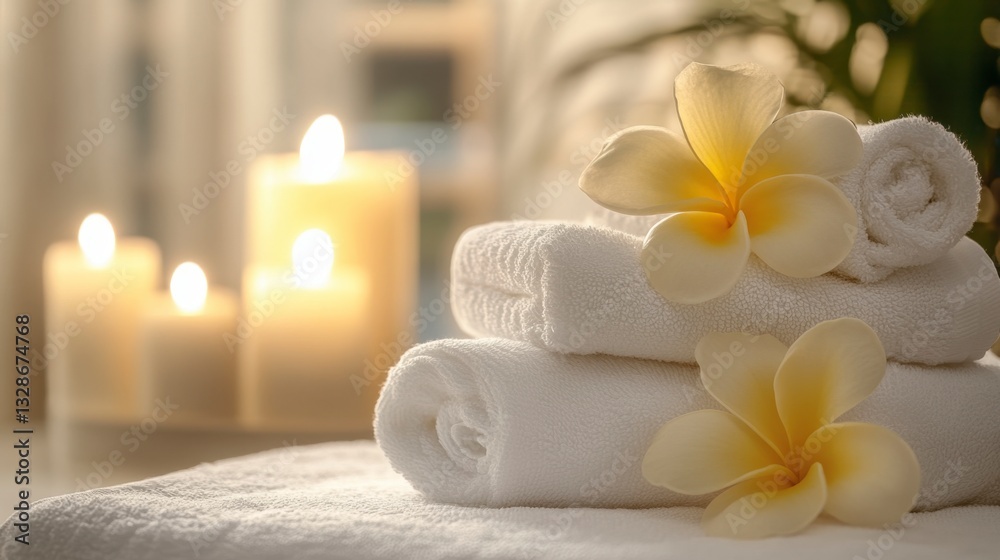 Spa setting with white towels, yellow flowers, and warm candlelight. Relaxing and serene atmosphere. Spa setting with white towels, yellow flowers, and warm candlelight. Relaxing and serene atmosphere.