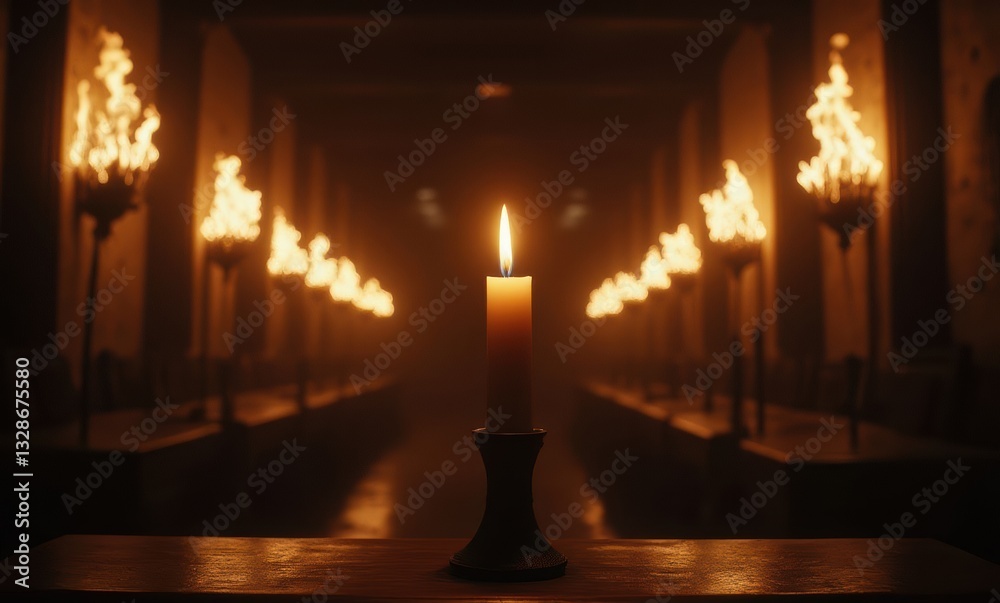 Illuminated candle in dark corridor Illuminated candle in dark corridor