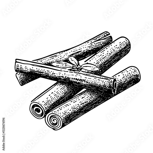 Discover the artistry of engraved cinnamon sticks in a detailed vector illustration perfect for tattoo and packaging designs