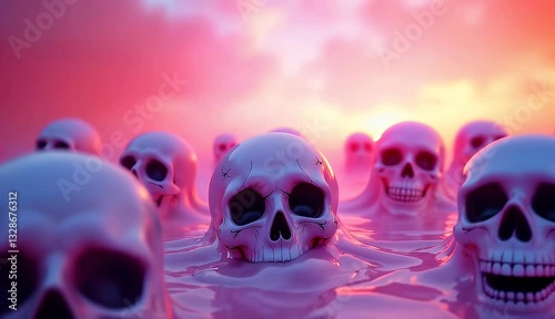 Many skulls submerged in pink goo at sunset. Surreal digital art.