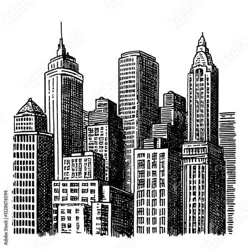 Engraved vector illustration of a city skyline featuring towering skyscrapers in a stylized tattoo-design aesthetic