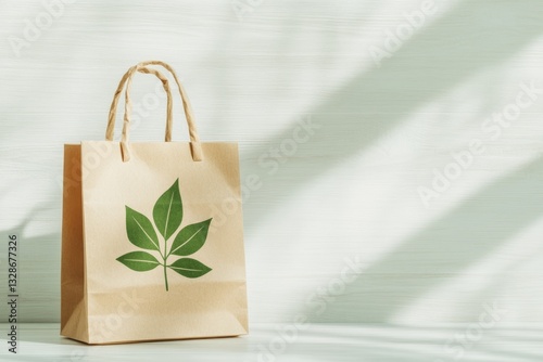 Recyclable Paper Shopping Bag With Green Leaf Design Placed on Light Background in a Well-Lit Indoor Space