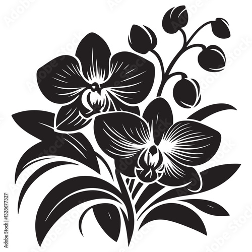 Vector Black Silhouette Orchid Flowers illustration,orchid pattern,simple modern botanical design in white background 60