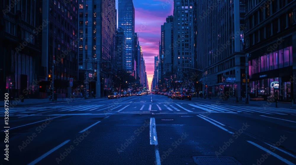 Naklejka premium A deserted city street at dusk, where not a single soul walks, conveying an eerie sense of emptiness.
