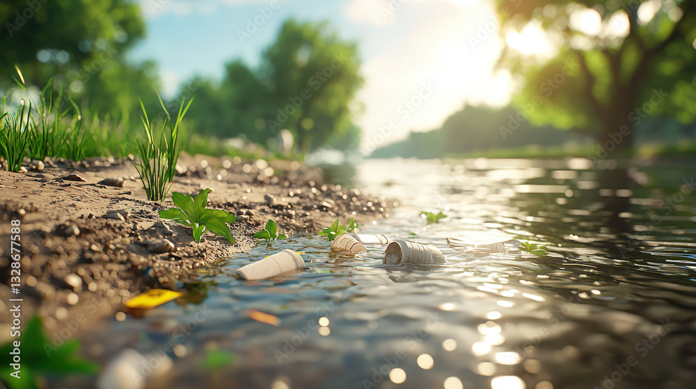 Obraz premium Riverbank Cleanup Effort in Natural Setting with Litter and Light
