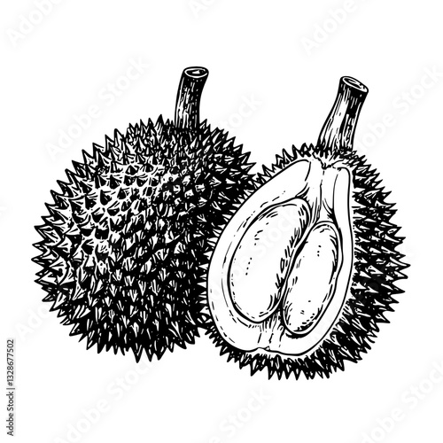 Engraved vector illustration of durian fruit showcasing its spiky exterior and creamy interior for creative tattoo and packaging design