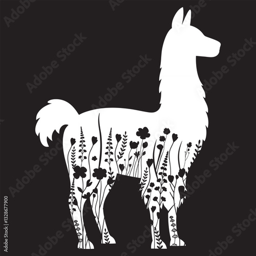 Animal floral Vector illustration, Llama with flower Design black and white

