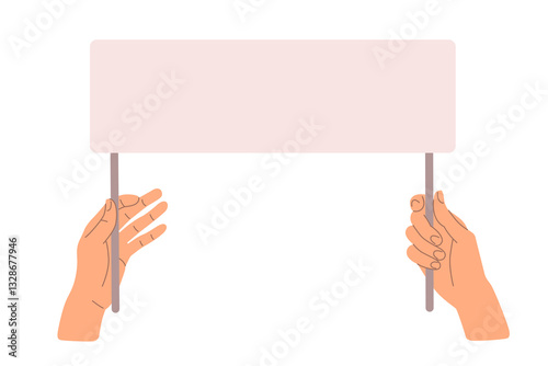 Human hands holding empty long banner. Election campaign, protest event, rally, demonstration concept. Vector illustration in flat style. Blank horizontal sign in hands
