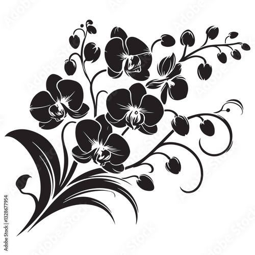 Vector Black Silhouette Orchid Flowers illustration,orchid pattern,simple modern botanical design in white background 63