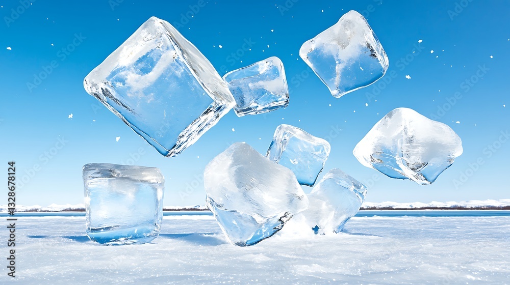 Falling ice cubes winter landscape photography clear sky aerial view refreshing moment Falling ice cubes winter landscape photography clear sky aerial view refreshing moment