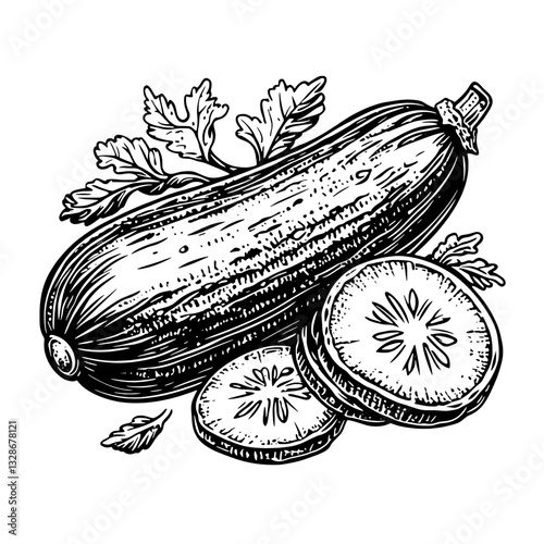 Engraved vector illustration of a fresh zucchini accompanied by sliced rounds and green herbs on a blank canvas
