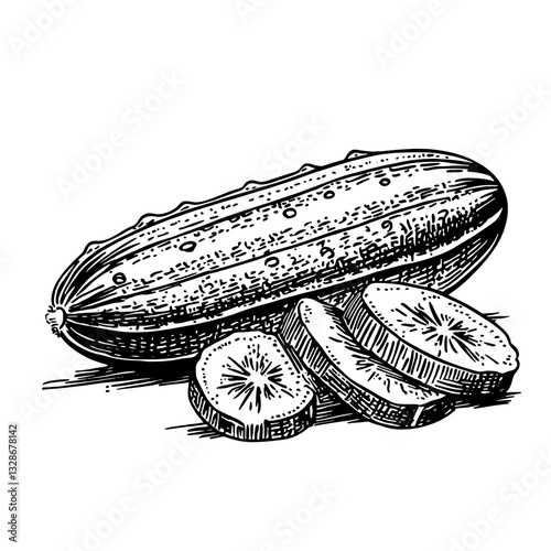 Engraved cucumber illustration perfect for tattoo design or vintage packaging ideas