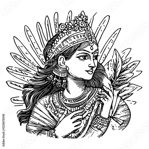 Intricate engraving of a regal woman adorned with embellishments and foliage, showcasing elegance and artistry in design