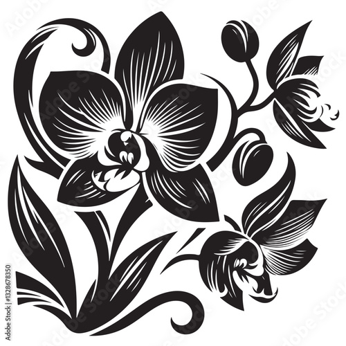 Vector Black Silhouette Orchid Flowers illustration,orchid pattern,simple modern botanical design in white background 66
