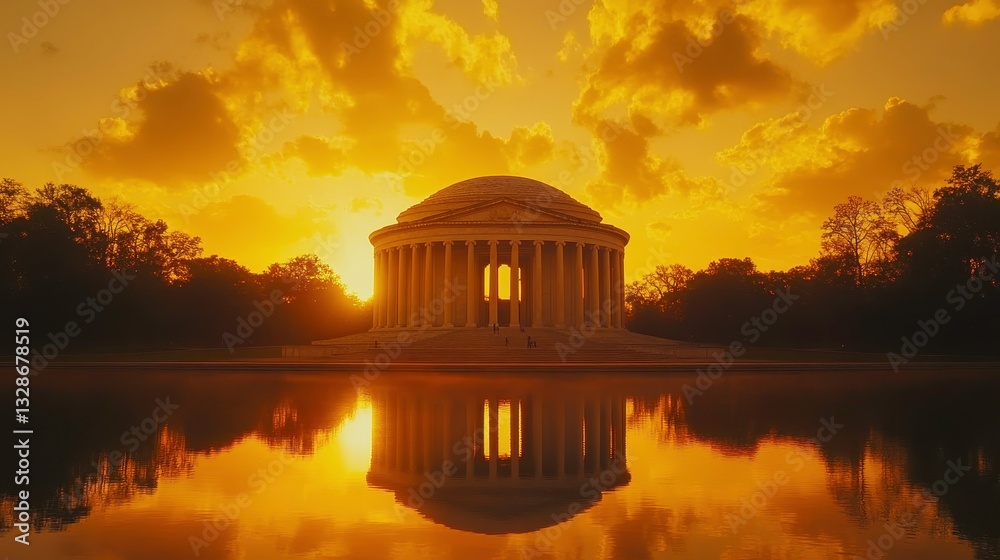 Obraz premium Golden sunset reflection at jefferson memorial washington d.C. Landscape photography tranquil environment