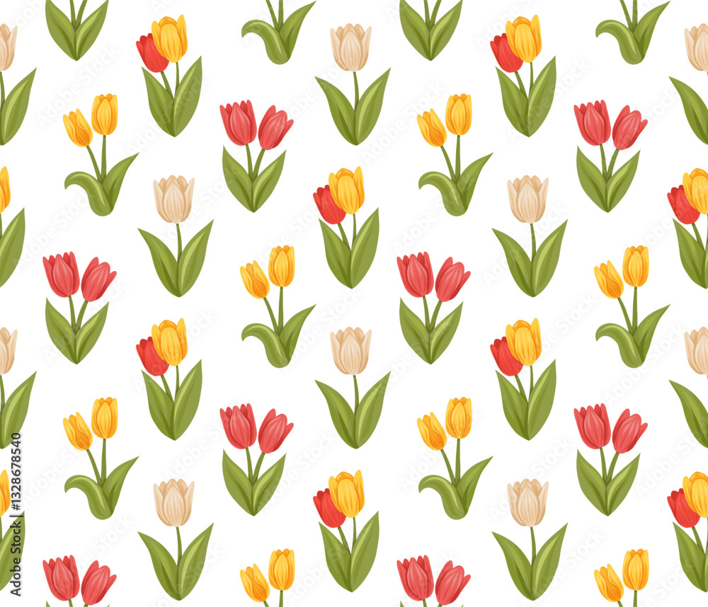 Vector spring pattern with colorful tulips on white background. Rustic texture with flat hand drawn blooming flowers for fabric and wallpaper