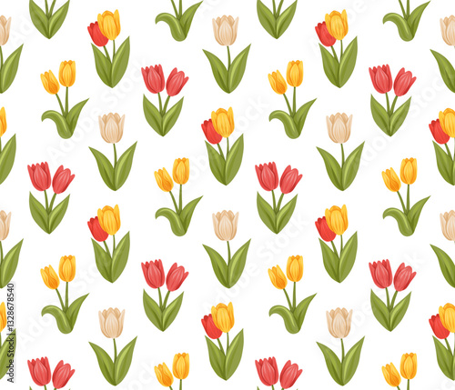 Vector spring pattern with colorful tulips on white background. Rustic texture with flat hand drawn blooming flowers for fabric and wallpaper