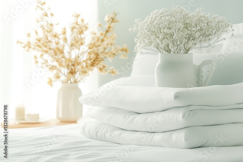 Minimalistic Close-Up of Neatly Arranged White Linens With Dried Flowers in a Vase in a Serene Bedroom Setting