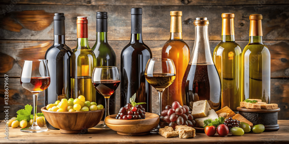 Obraz premium A Wine Lover's Feast: A curated selection of premium wine bottles, elegant glasses, and artisanal accompaniments set against a rustic backdrop. Capturing the essence of indulgence and celebration.AI G