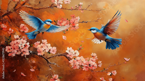 two birds flying in a blossoms flowers illustrator backgroung  photo