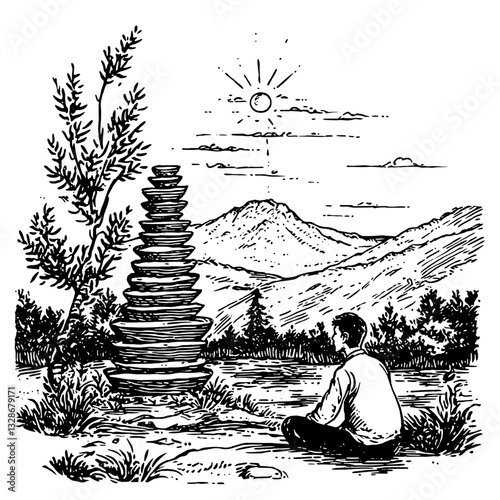 Meditative solitude near a stacked stone formation at sunrise in a serene mountain landscape