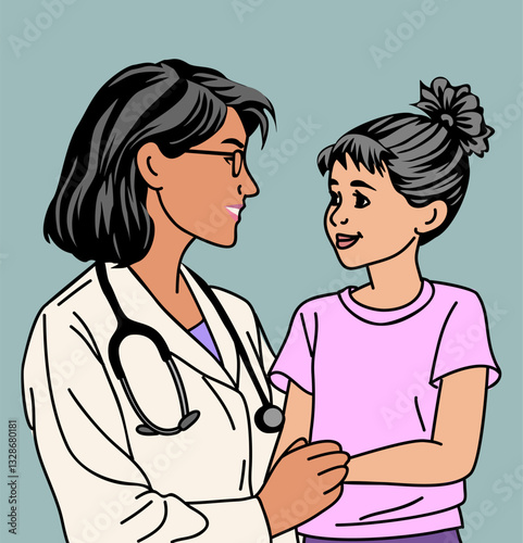 Doctor woman in a white coat is talking to a young girl. The girl is wearing a pink shirt. Colored hand drawn sketch style outline illustration isolated.