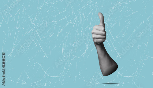 Modern art collage with hand raising thumb up. There is space for copy space