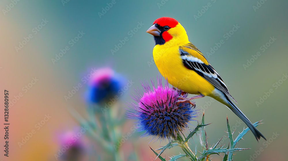 Obraz premium bird with red face and yellow body sitting on a cactus 