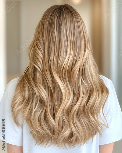 Long, wavy, light blonde hair cascading down the back