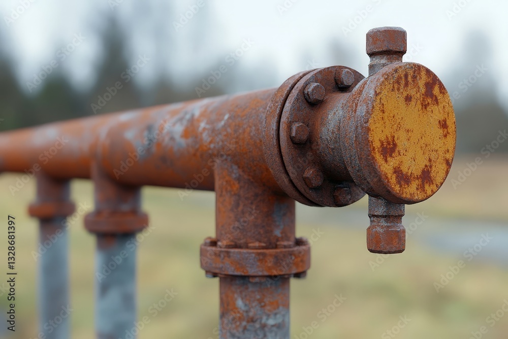 Rusty metal pipe with bolts under cloudy skies in an industrial landscape Rusty metal pipe with bolts under cloudy skies in an industrial landscape