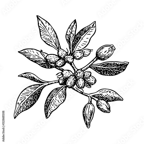 Elegant engraved botanical illustration of a branch with berries and leaves, perfect for tattoos and packaging designs