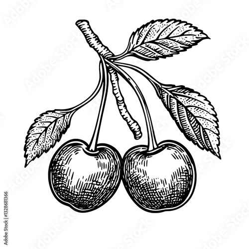Engraved illustration of two cherries with leaves perfect for tattoo design and packaging inspiration in a vintage style