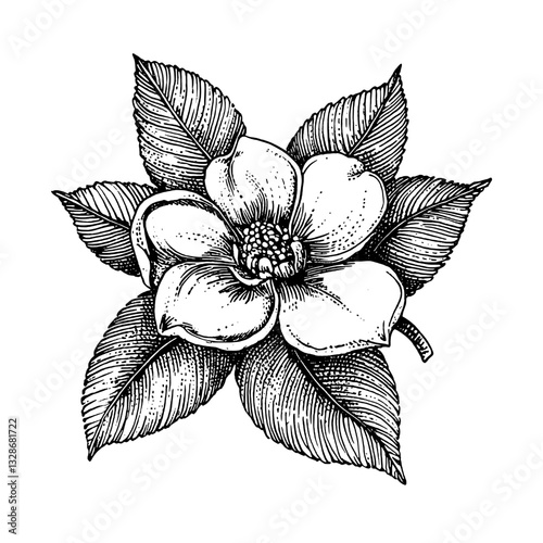 Engraved floral illustration featuring a magnolia bloom with intricate details and natural elements for versatile tattoo and packaging design