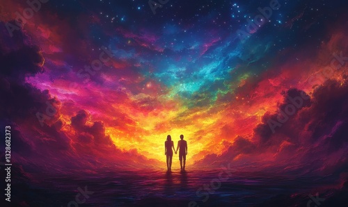 two people holding hands standing in front of a colorful sky.