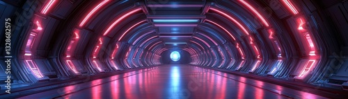 Wallpaper Mural Futuristic Neon Lit Corridor with Symmetrical Arches and Glowing Lights in a Sci-Fi Setting Torontodigital.ca
