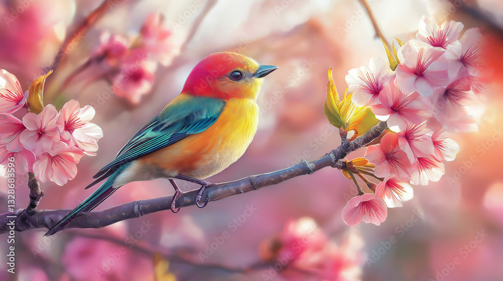colourfull bird sitting on a branch with blossoms background. colourfull bird sitting on a branch with blossoms background.