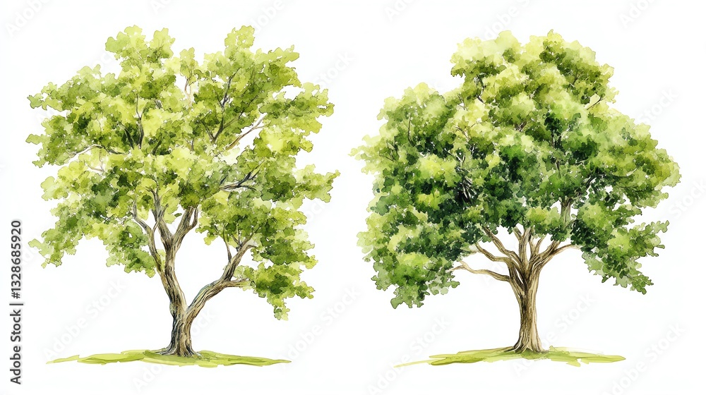 Obraz premium Set of watercolor green tree isolated on white background for landscape and architecture drawing, elements for environment and garden, botanical for section in spring